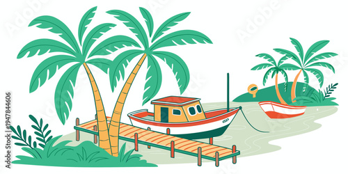 A colorful boat docked under palm trees on a tropical shore Vector