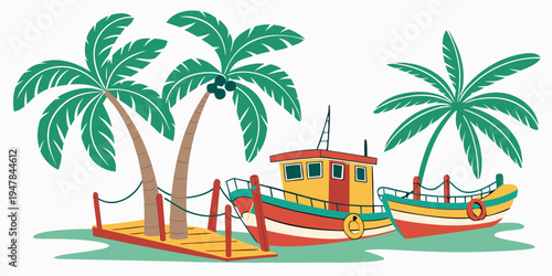 A small yellow building with a dock and palm trees Vector