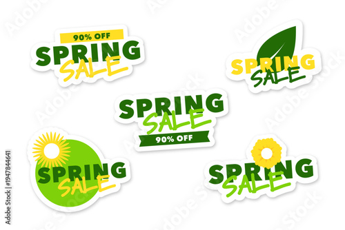 A set of flat vector stickers on the theme of spring sales with text in green