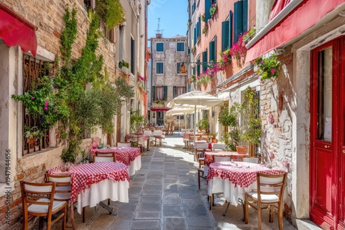 Wallpaper Mural Charming Venetian Alleyway with Outdoor Cafe Seating. Torontodigital.ca