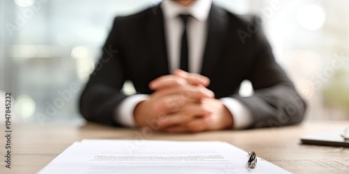 Wallpaper Mural Man in Suit Sitting at Desk with Hands Clasped, Ready for Interview or Meeting. Torontodigital.ca