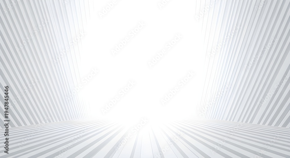 Naklejka premium A clean, minimalist abstract background with white and gray perspective lines converging into a bright, ethereal white light source at the center.