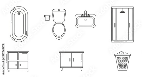Bathroom Fixtures - Bathtub, Toilet, Sink, Shower, Cabinet, and Hamper.