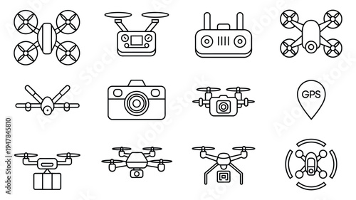 minimalist line art vector icon set of drone photography and quadcopter equipment featuring remote control, battery, propeller, gimbal camera, delivery drone, gps pin, and landing pad graphics, clean 