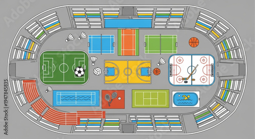 Overhead View of a Multi-Sport Arena with Various Courts.