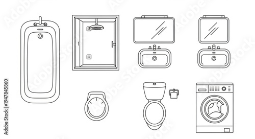 Bathroom Fixtures - Bathtub, Toilet, Sink, and Washing Machine.
