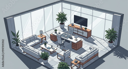 Isometric Office Space with Modern Furniture and Potted Plants.