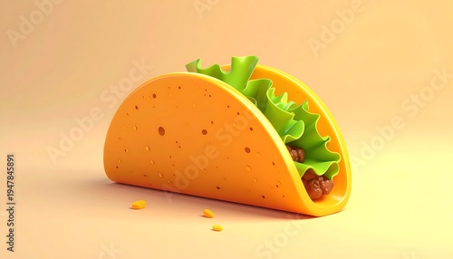 Cute 3D rendering of a hard-shell taco with lettuce and ground beef filling, on a soft orange background
