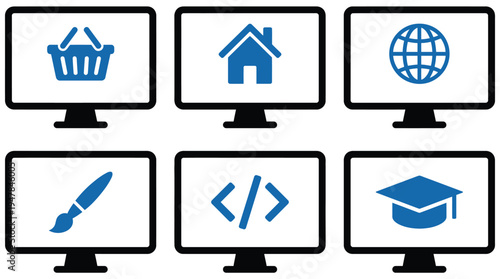 Vector graphic illustration of six computer monitors displaying various icons representing different online activities and services