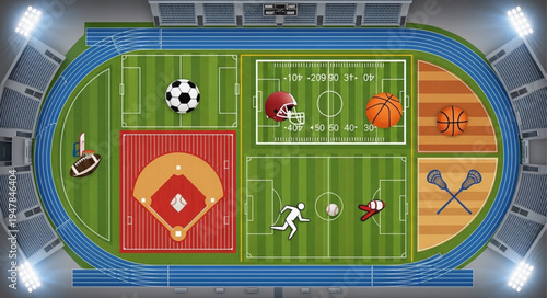 Overhead View of a Multi-Sport Stadium with Various Sports Fields.