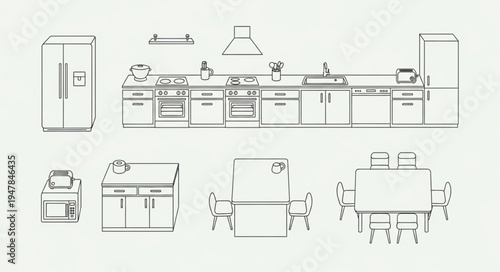 Detailed Kitchen Layout Sketch - Appliances, Cabinets, and Dining Area.