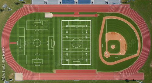 Aerial view of a sports complex with track, soccer field, and baseball diamond.