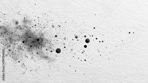 Abstract ink splatter on textured paper, a minimalist black and white design