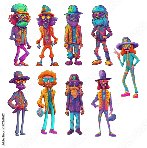 Vector set of cool old man with psychedelic colors, hipster hippie music festival style, cartoon illustration