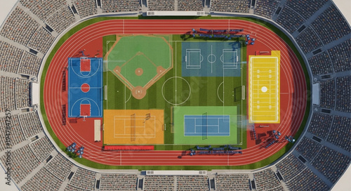 Aerial View of a Multi-Sport Stadium with Various Playing Fields.