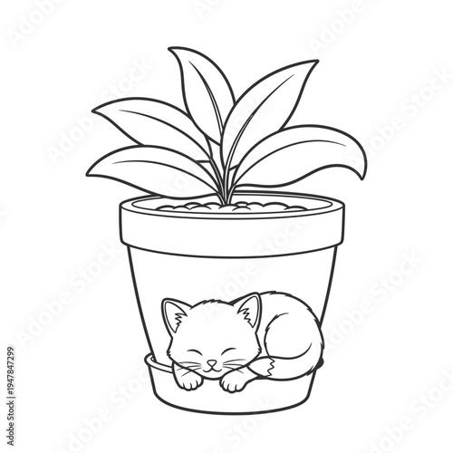 A sleeping cat curled up in a flower pot