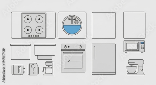 Kitchen Appliances Illustration - Stove, Sink, Oven, Fridge, Microwave, Toaster.