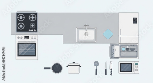 Overhead View of a Kitchen Layout with Appliances and Utensils.