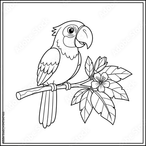 A parrot perched on a branch with leaves