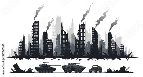 War destroyed cityscape with tanks.