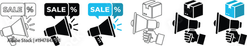 Megaphone Promotion Icon Set with Sale Discount Speech Bubble and Gift Box