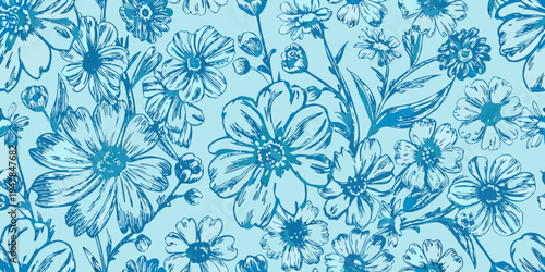 Delicate blue floral pattern with sketched flowers and leafy branches