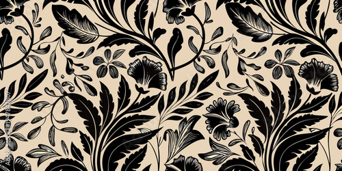 Elegant floral pattern with detailed leaves and blossoms in dark tones