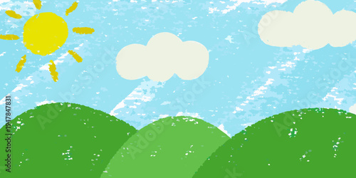 A child s drawing depicts a sunny sky with green hills and clouds