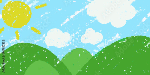 A child s crayon drawing of a sunny landscape with hills and clouds
