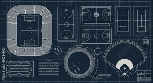 Blueprint of Various Sports Fields and Courts for Athletic Design.