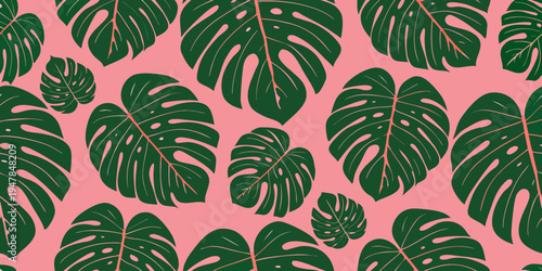 A seamless pattern of vibrant monstera leaves on a pink background