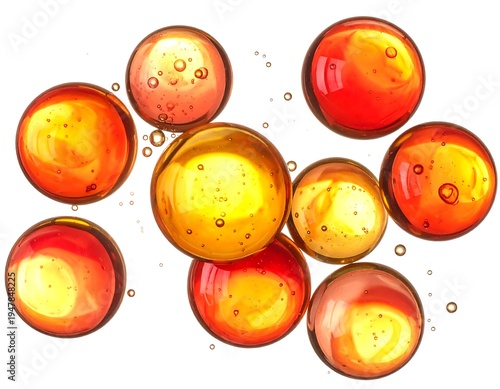 Floating translucent yellow & orange spheres with interior air bubbles, isolated on a white background