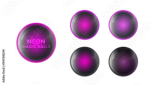 Set of black magic balls with pink purple neon glow inside