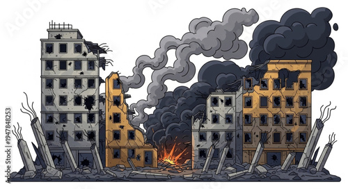 War destruction cityscape with smoke.