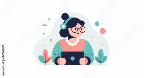 Stylized character wearing headphones, glasses, and holding a tablet