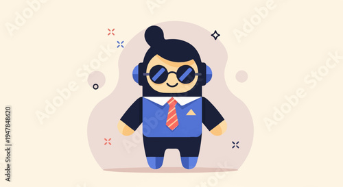 Stylized character wearing sunglasses and headphones, dressed formally