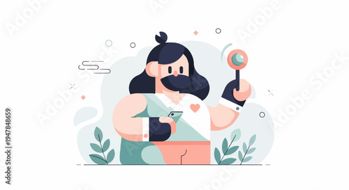 Stylized character with a phone and a magnifying glass, surrounded by abstract shapes and plants