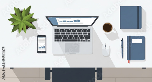 Workspace with Laptop, Smartphone, and Office Supplies on White Desk.