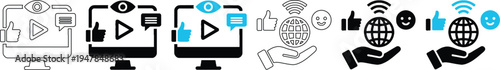 Digital Communication and Global Social Media Marketing Vector Icon Set with Video Streaming and Networking