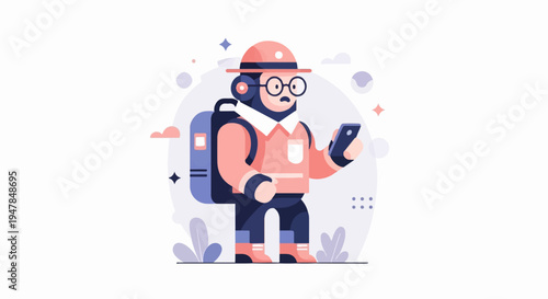 Stylized character with backpack and phone, surrounded by abstract shapes