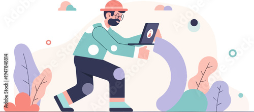 Stylized character with glasses and beard holds a laptop amidst abstract shapes and plants
