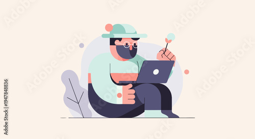 Stylized character with glasses and hat using a laptop outdoors