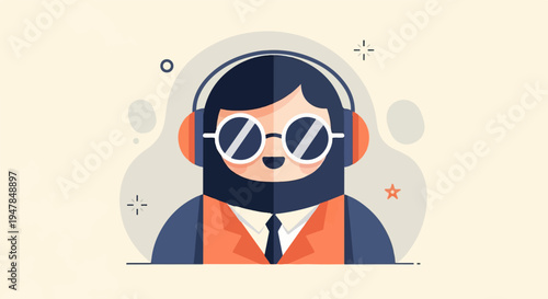 Stylized illustration of a person with headphones and round sunglasses