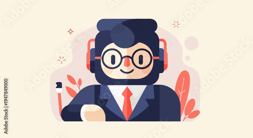 Stylized illustration of a smiling character in a suit with headphones and glasses
