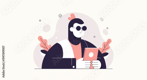 Stylized figure wearing sunglasses holding a tablet, surrounded by abstract shapes and leaves