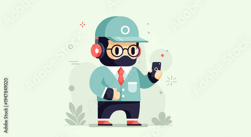Stylized character with headphones and phone on simple background