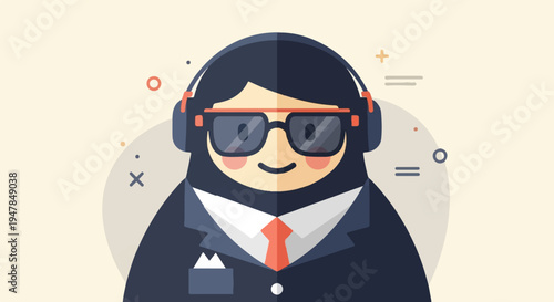 Stylized figure wearing headphones, glasses, suit, and tie, with abstract shapes