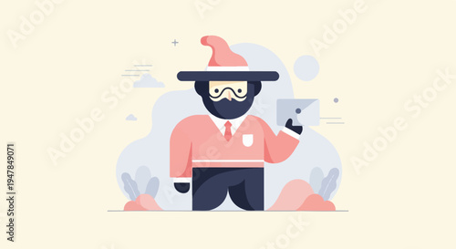 Stylized figure with a hat, holding a tablet, amidst abstract shapes and clouds