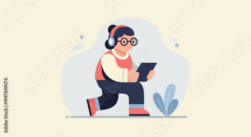 Stylized character with headphones and tablet walks outdoors