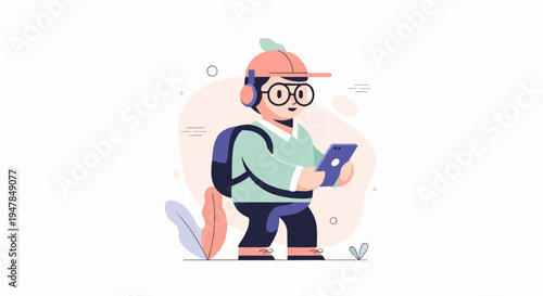 Stylized character with headphones, glasses, and backpack using a smartphone